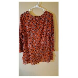 Simply Vera Vera Wang Orange Abstract Floral Tiered Hem 3/4 Sleeve Top Large
